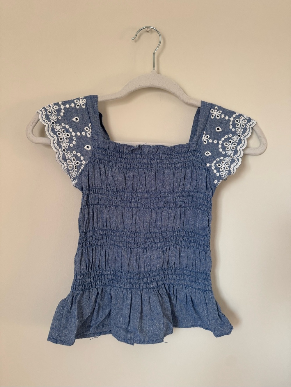 Blue Smocked Top with White Eyelet Sleeves